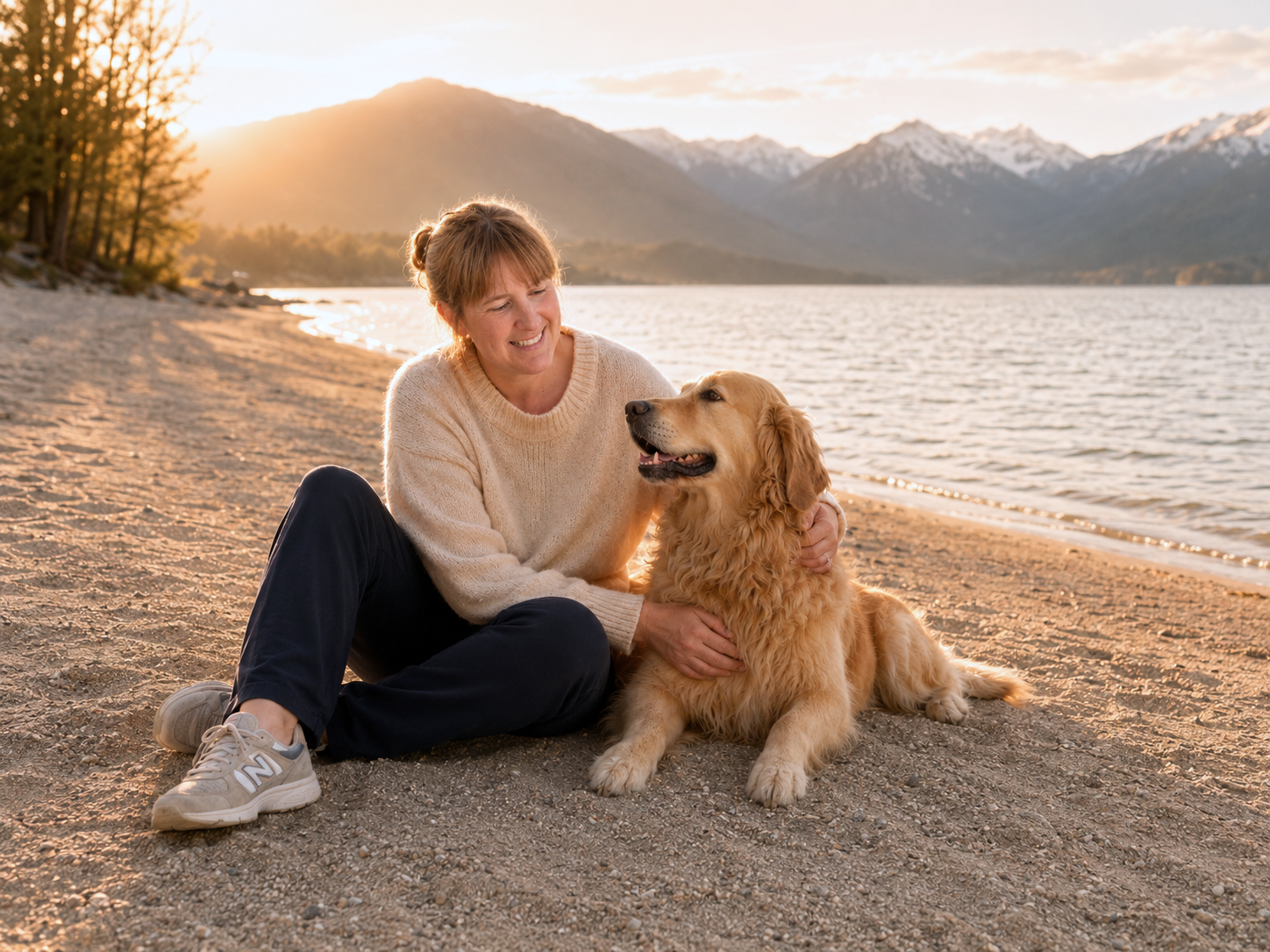 Frau mit Golden Retriever am See